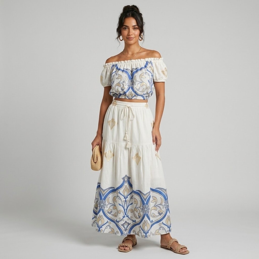 NEW Anthro Kasia Celeste Two Piece Top Skirt Set Cream Blue Embroidered Small